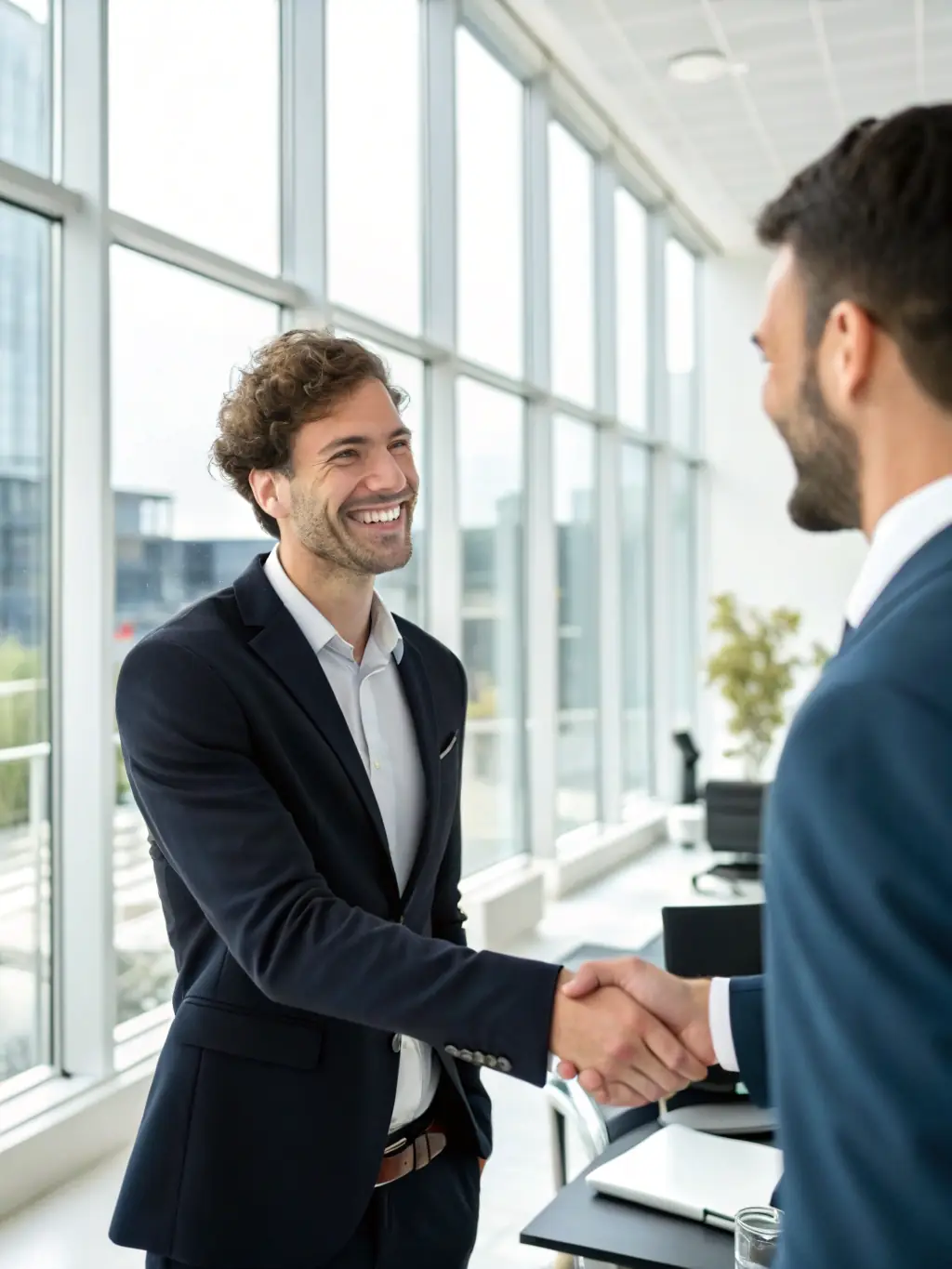 A consultant in a suit, smiling and shaking hands with a client in a modern office, symbolizing a successful business partnership.