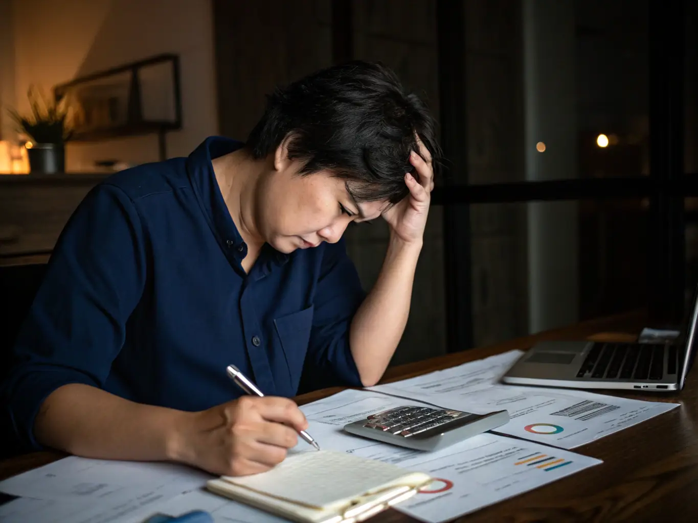 A consultant is reviewing financial documents and reports, with a calculator and pen nearby, symbolizing financial analysis and planning.