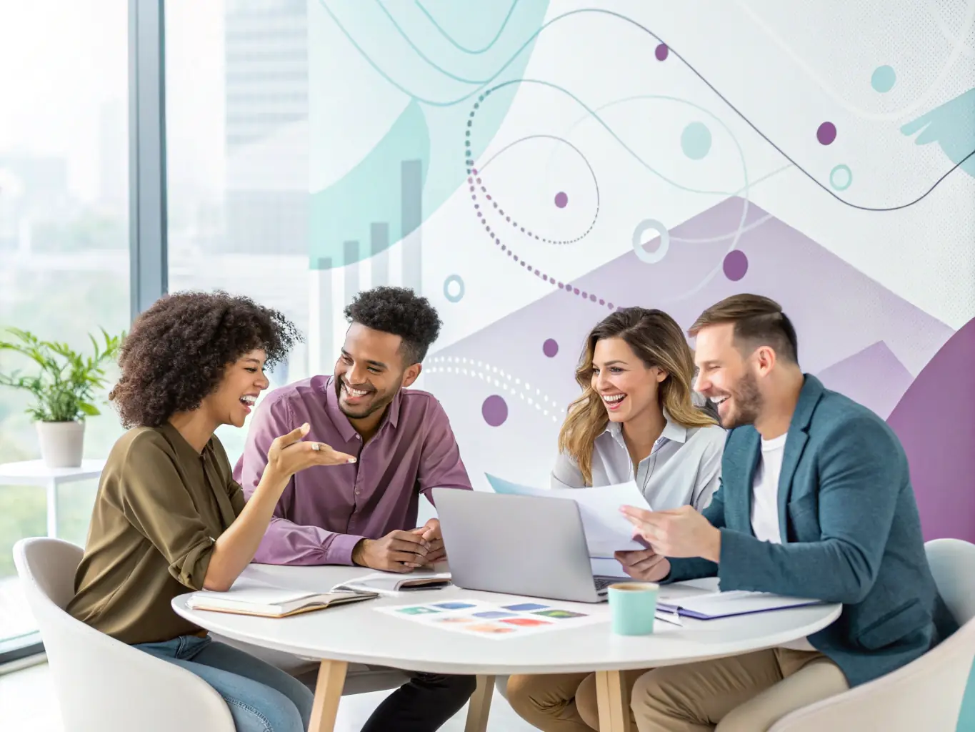 A team of consultants is brainstorming in a meeting room, using sticky notes on a whiteboard to map out strategies and solutions.