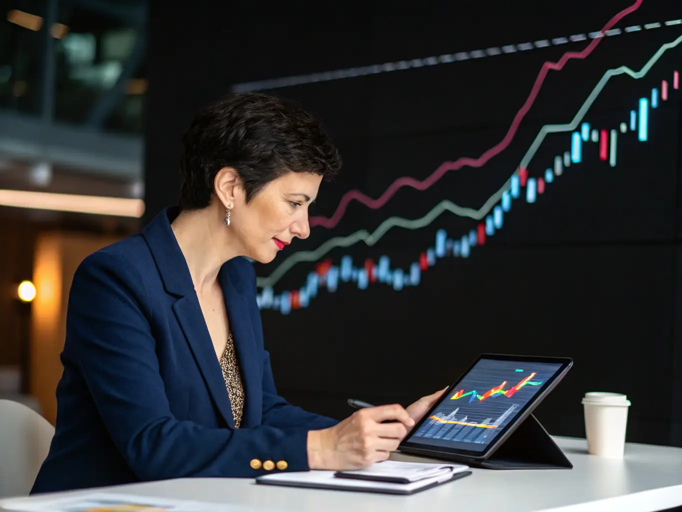 A consultant is analyzing financial data on a laptop, with charts and graphs displayed on the screen, in a modern office setting.