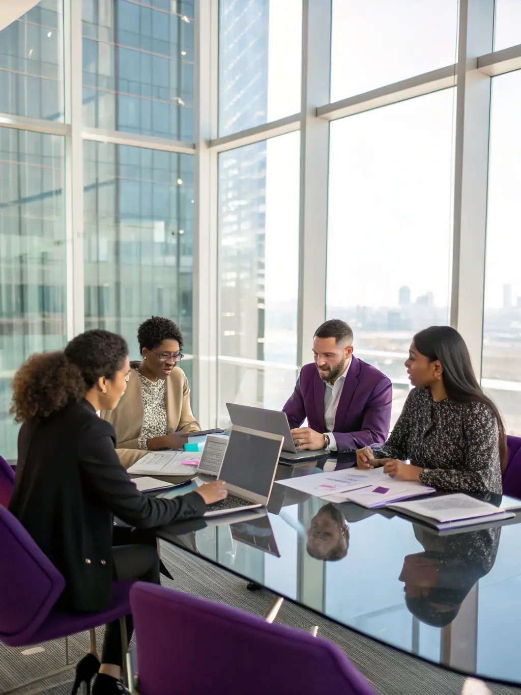 A diverse team of consultants collaborating around a table, reviewing documents and discussing solutions, showcasing expertise.