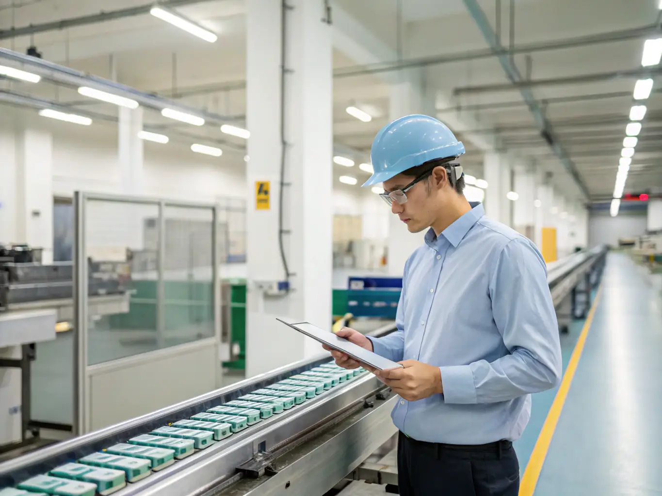 A consultant observing and optimizing a manufacturing process on a factory floor, showcasing SteppeConsult's operational optimization capabilities.