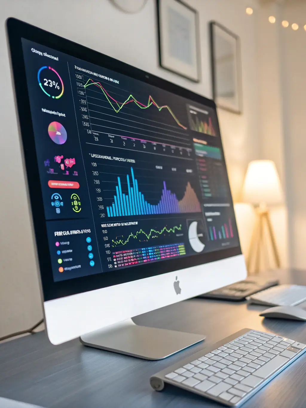 A digital display showing data analytics and insights, with a consultant pointing to key performance indicators, representing data-driven decisions.