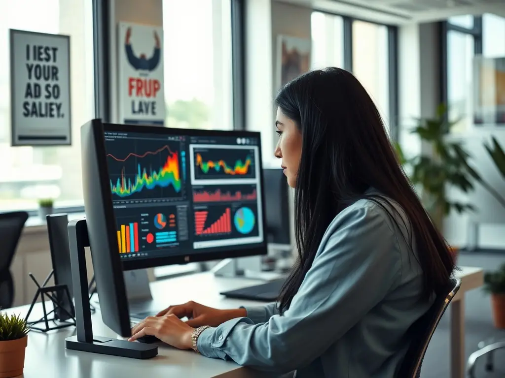 A consultant is analyzing business data on a laptop in a modern office setting, with charts and graphs displayed on the screen, representing data-driven decision-making.